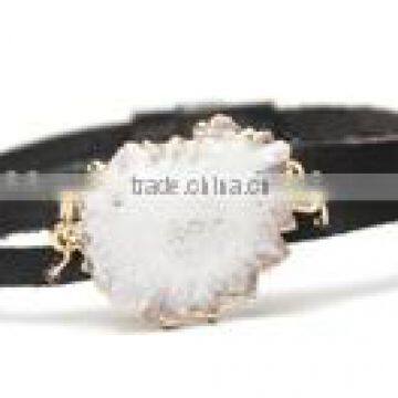 Fashion latest hot sale hollow white quartz bracelet, leather bracelet, black strap charm bracelet