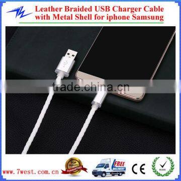 Customized Leather Braided USB Data Charger Cable with Metal Shell for iphone samsung