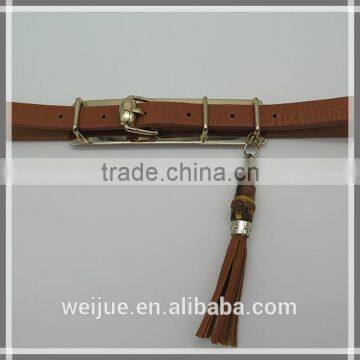 Leather fashion skinny belt with tassels and wood for women