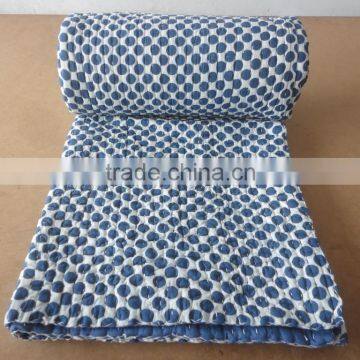 Indian Block Print Indigo Blue Cotton Dot Printed Kantha Quilt Jaipuri Razai