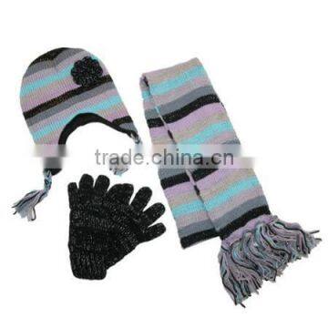 Womens Striped with Rosette Hat Gloves and Scarf Winter Set