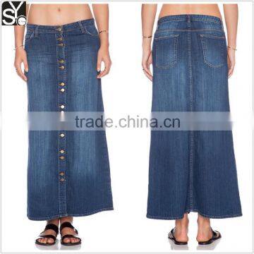 Woman fashion straight line washed shank button denim skirt SYA15069