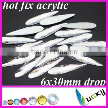 2014 new design China hotfix acrylic long drop shape 6x30mm white clear color