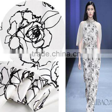 Printed Black White Floral Spandex Silk Fabric photo-2