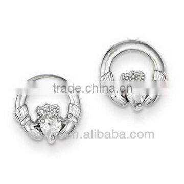 Sterling Silver Rhodium Plated CZ Claddagh Post Earrings