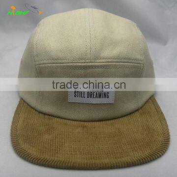 New stylish piping corduroy flat brim custom leather patch 5 panel strapback cap camp hat