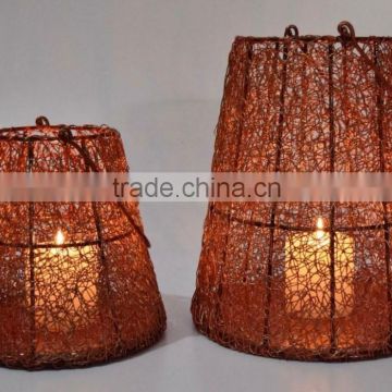 Decorative Wire mesh Pillar candle holder Hurricane Lantern in Antique IHA048