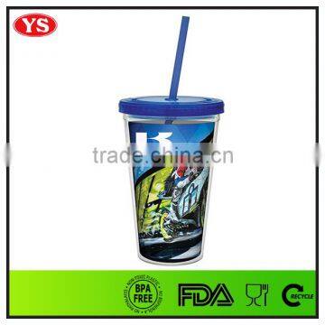 16oz PS double wall plastic drink mug tumbler with straw