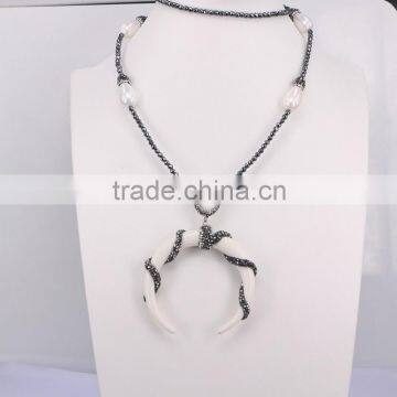 Fashion Drop Pearl Shell Gemstone Necklace, Double Horn Pendant Hematite Beads Necklace