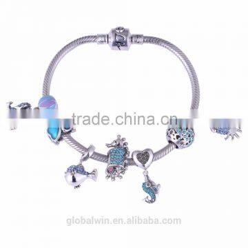 Fabulous Animals Paved Blue Zircon Solid Bead Bracelet Blue Diamond Marine animals Pendant European Snake Chain Charm Bracelet