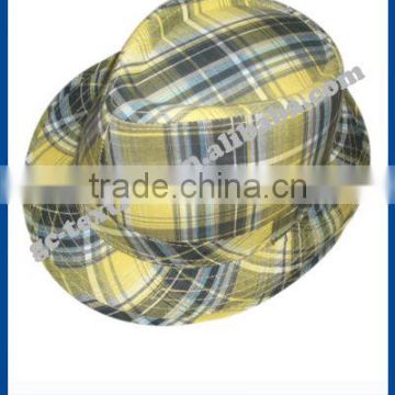 light yellow checked fedora hat