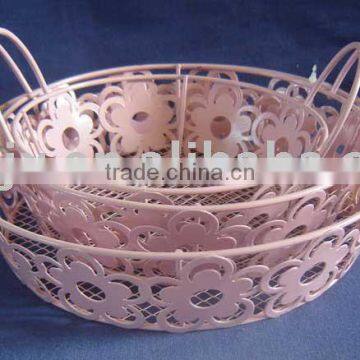 Pink round wire iron net storage collect tray with ear handle
