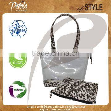 Transparent See Through Hand Bag With Removable Travel Bag - Made From Canvas With Exclusive Print & With Hand Bead Work - Hot photo-2