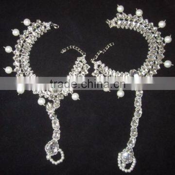 Silver Crystal Pearl Payal ANKLETS Feet Bracelet Pair Barefoot Sandal photo-2