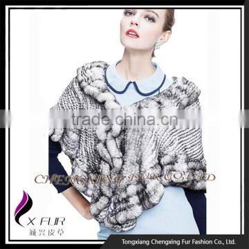 CX-B-128B Women Knitted Genuine Rex Rabbit Fur Shawl/Bridal Fur Shawl