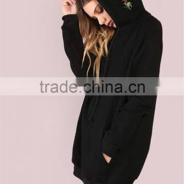 MGOO Black Pocket Front Embroidered Hood Sweatshirt Oversized Women Longline Hoodies With Custom Design photo-3
