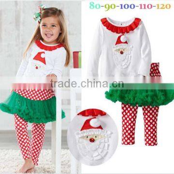 New 2015 Fashion Baby Girls Christmas Clothing Children Santa Claus t shirts+Polka dots legging skirts 2pcs outfits