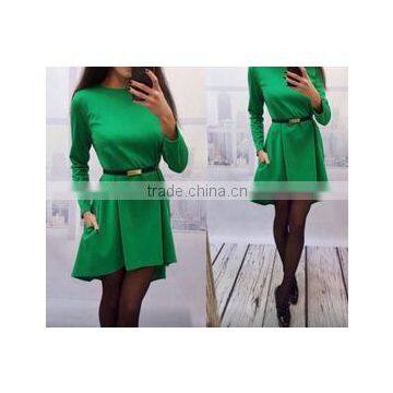 hot sale long sleeve green spring women dress mini dress with belt fashion party causual dress