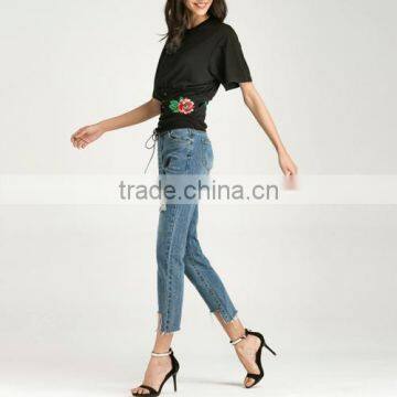 2017 Cotton Lace Up Women Short Sleeve T-Shirts photo-2