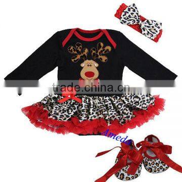 Baby Xmas Black Red Leopard Reindeer Long Sleeves Bodysuit Jumpsuit Pettiskirt Headband Crib Shoes NB-18M