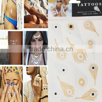 Removable Waterproof Metallic Temporary Tattoo Sticker Body Art Multicolor Feather Pattern 21cm x 14.5cm