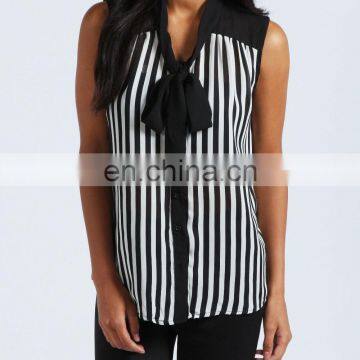 CHEFON Pussy Bow Models Striped Chiffon Blouses