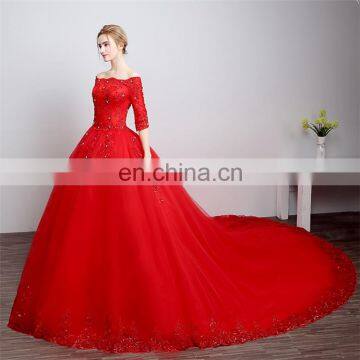 HS1608 Vintage Lace Ball Gown Train Red Wedding Dress