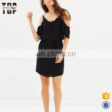 Dongguan women clothing cold shoulder lace neck chiffon black dress