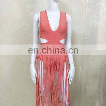 Womens Sexy V Neck Backless Tassels Sexy Night Club Dresses photo-5