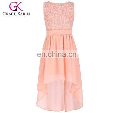 Grace Karin Children Kids Sleeveless Crew Neck High-Low Lace Chiffon Pink Girls Dress 2-12 Years Old CL008976-2