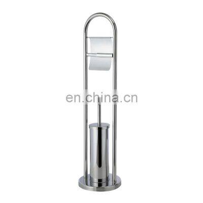 Silver Stainless Steel Round Design Standing Toilet Brush Rack and Toilet Tissue Holder photo-2