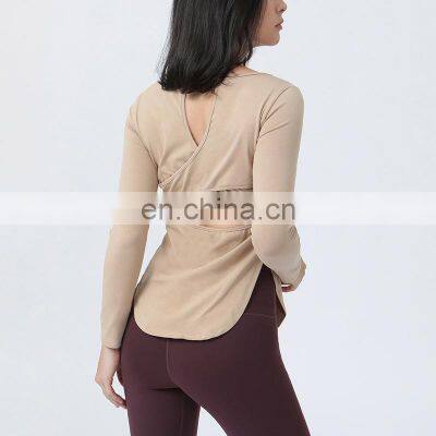 New Fashion Style Long Sleeve Slim Fit Yoga T Shirt Sexy Back Hollow Out Cotton Gym Fitness Wear Clothing For Women