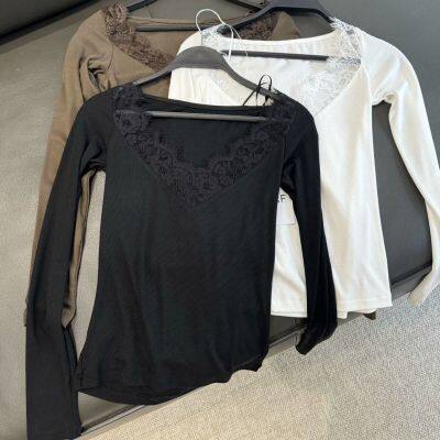 Spring new arrivals: Fashionably sweet multi-color lace-embroidered cotton blend ribbed T-shirt