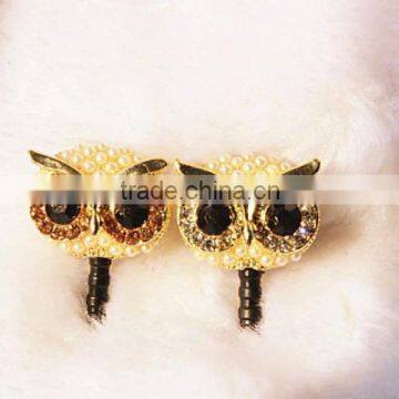 bling owl earphone cap, crystal anti dust plug, 3.5mm Rhinestones Night Owl Pattern Cellphone Charms