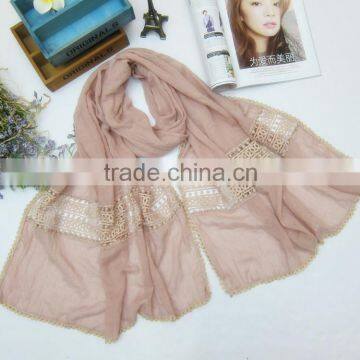 Newest Large Long Plain Embroidery Lace Brim Cotton Linen Brand Scarf