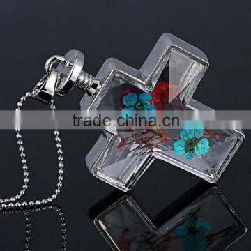 Pressed Flower Multi-Colored Cross Pendant Necklace