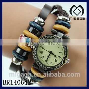 nice design leather strap wooden beaded leather bracelet with watch