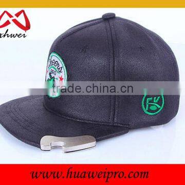 Custom black flat brim cap with bottle opener 5 panels leather baseball trucker cap