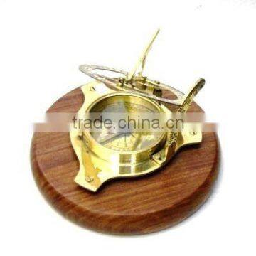 Nautical Antique Brass Sundial Compass Wood Base 13445