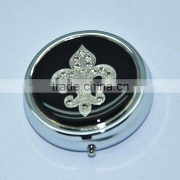 Hot sales black metal round pill box with diamond