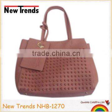 Brown PU and metal studs handbag with purse