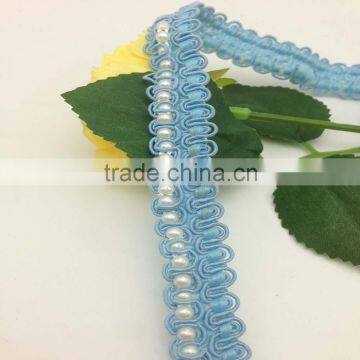 vintage antique LT blue satin ribbon braid pearl bead lace trim