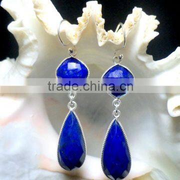 Lapis Lazuli Cushion & Long Pear Gemstone 925 Sterling Silver Earring Indian Jewelry