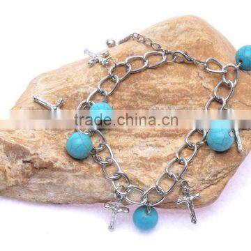 Tibetan Sliver Plated With Bead and Cross Pendant Turquoise Charm Bracelet & Bangle photo-2