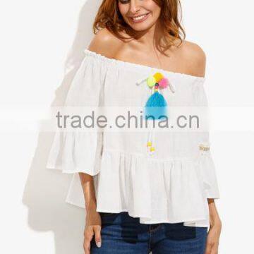 Blouses latest fashion design women clothing White Off the Shoulder Ruffle Hem Blouse