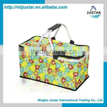 Outdoor Food Use Custom Printed Pattern Folding Insulated Picnic Cooler Basket with Aluminium Frame