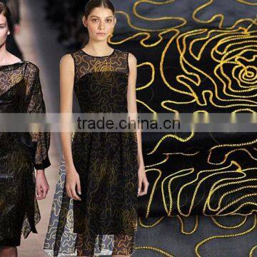 Black Gold 100% Silk Organza Embroidered Tulle Fabric photo-4