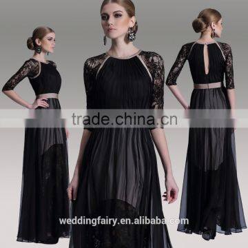 2015 New Fashion Black Half Lace Sleeves Women Evening Dress