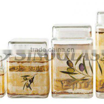 SINOGLASS 4 pcs with VEGGIES decal square shape glass storage canister jar