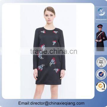 2016 Fashion Ladies Long Sleeve Flower Embroidered Dress